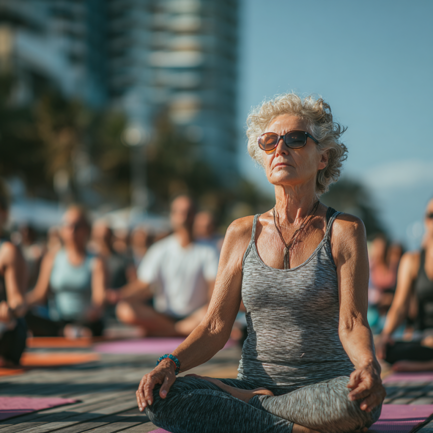 Възрастни хора правят йога